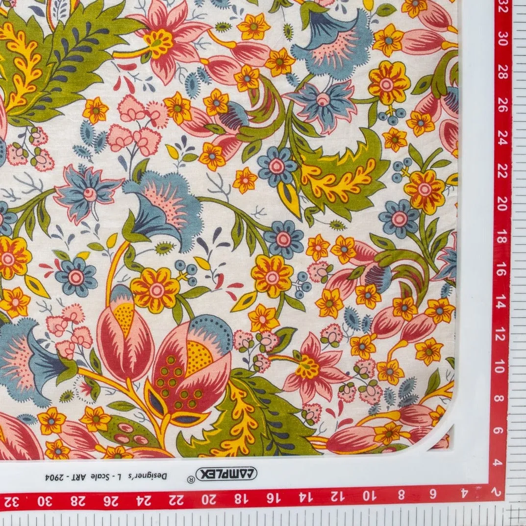 White Floral Print Tabby Silk Fabric
