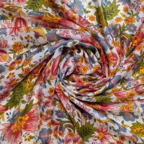 White Floral Print Tabby Silk Fabric