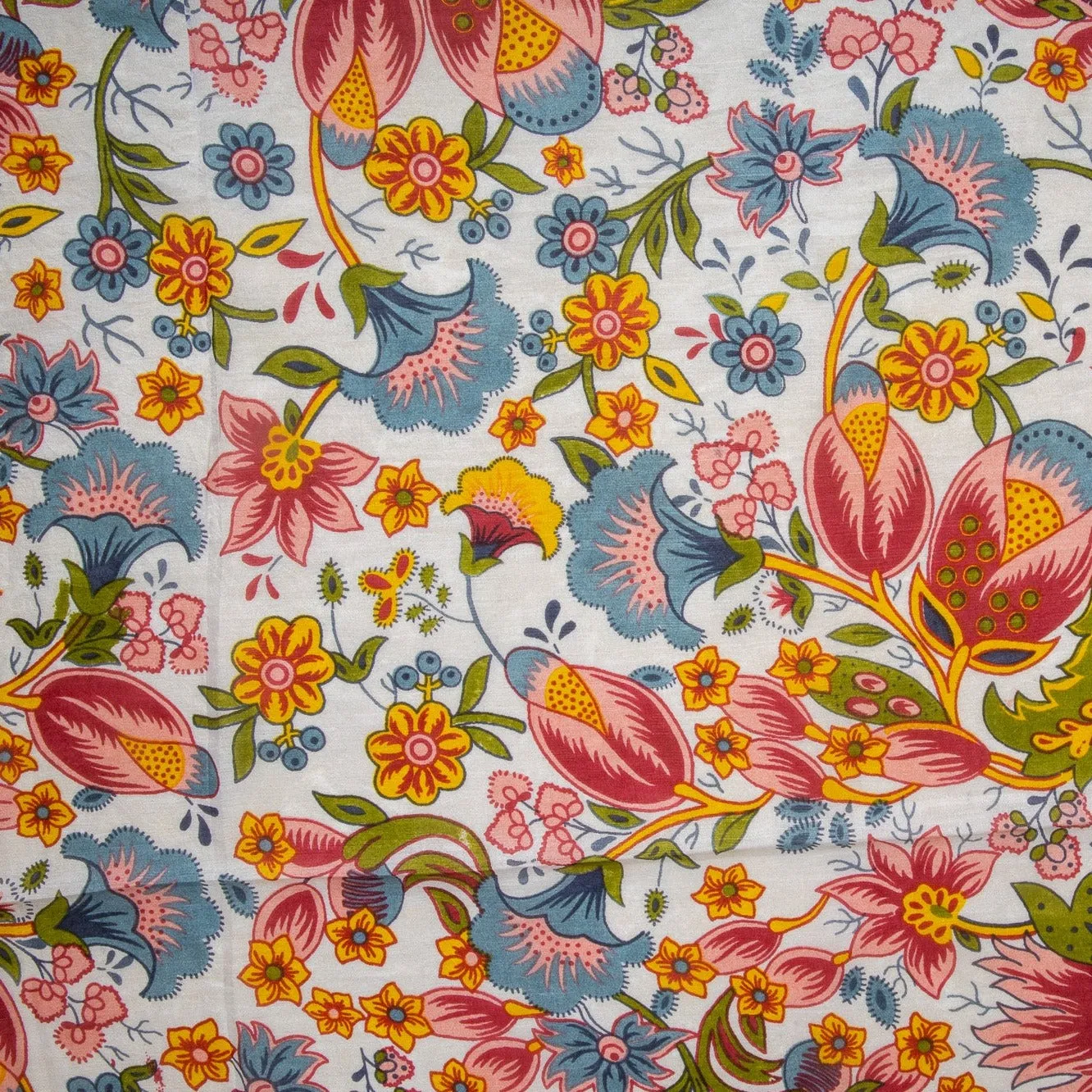 White Floral Print Tabby Silk Fabric