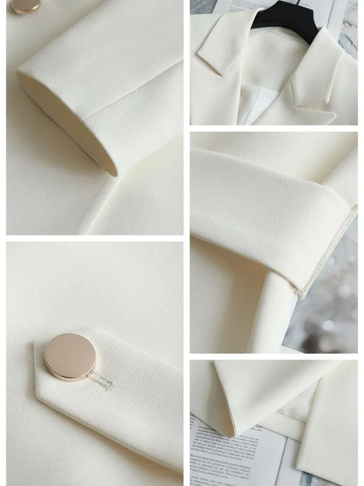 White Women‘s Suit Jacket Autumn Fashion Chic Double Breasted Slim Suits with Belt Vintage Office Blazer for Women Elegant 2022