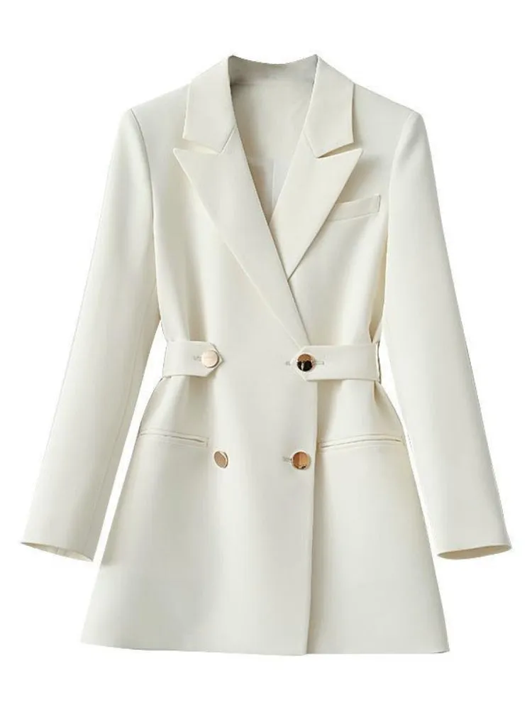 White Women‘s Suit Jacket Autumn Fashion Chic Double Breasted Slim Suits with Belt Vintage Office Blazer for Women Elegant 2022