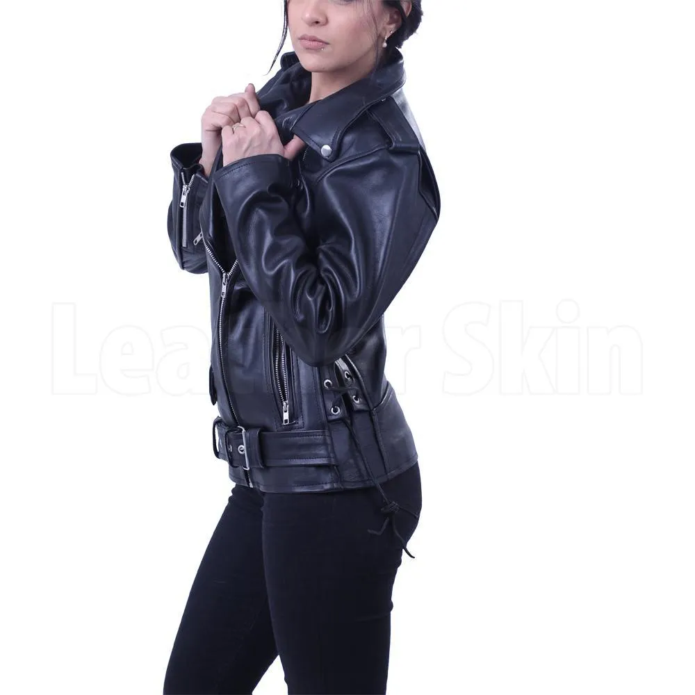 Women Black Brando Belted Biker Motorcycle Leather Jacket