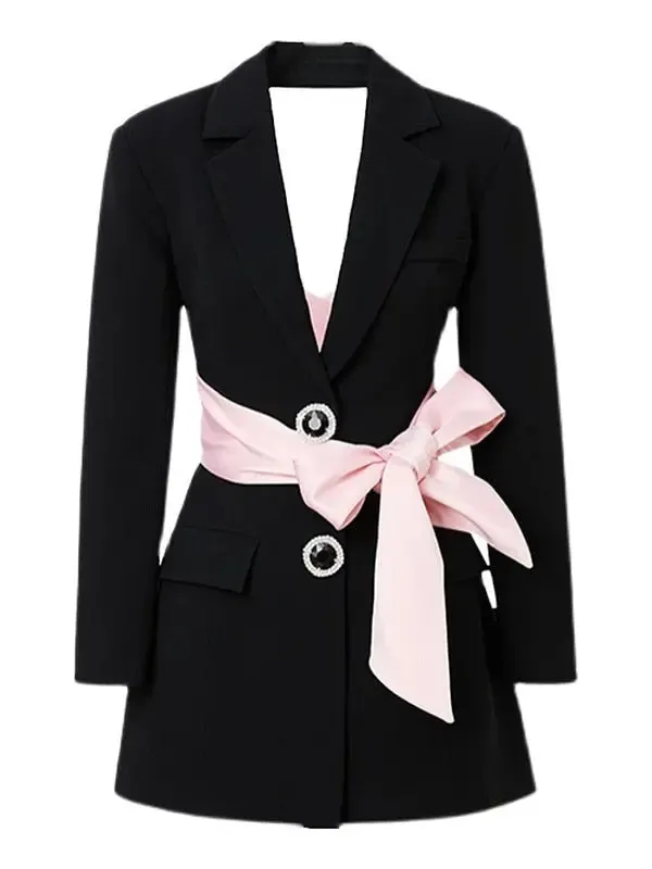 Women Notched Long Sleeve Patchwork Black Solid Blazer