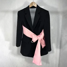 Women Notched Long Sleeve Patchwork Black Solid Blazer