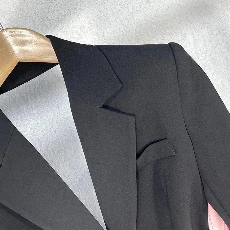 Women Notched Long Sleeve Patchwork Black Solid Blazer
