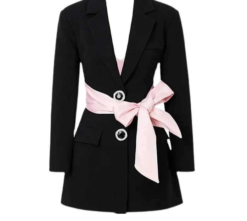 Women Notched Long Sleeve Patchwork Black Solid Blazer