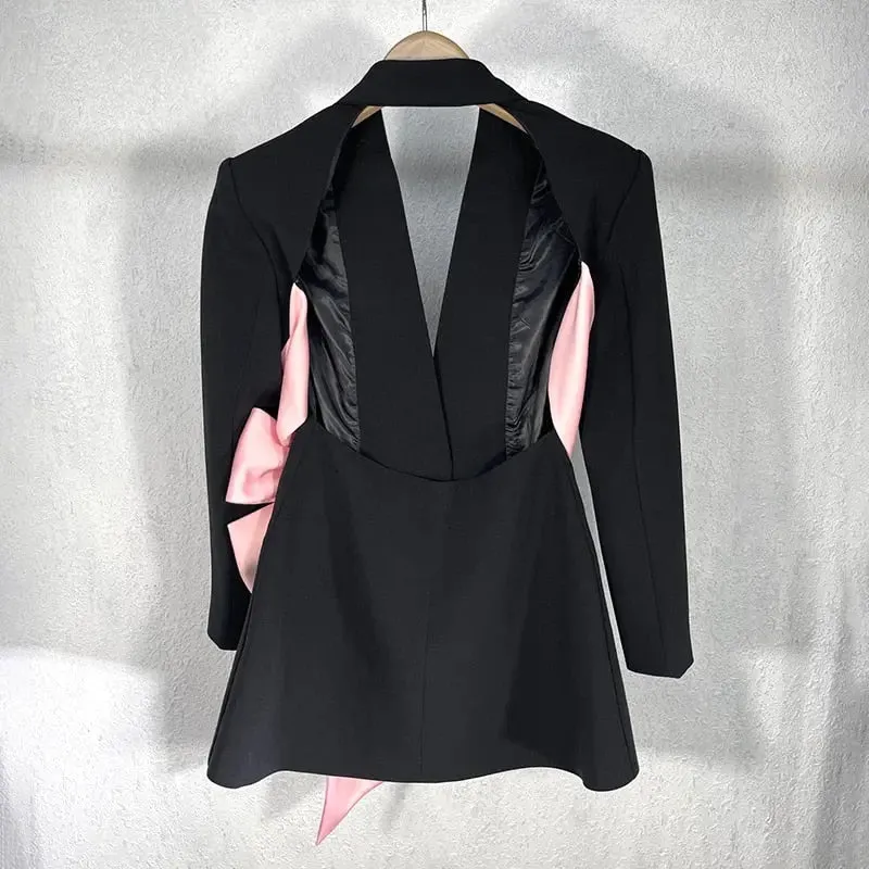 Women Notched Long Sleeve Patchwork Black Solid Blazer