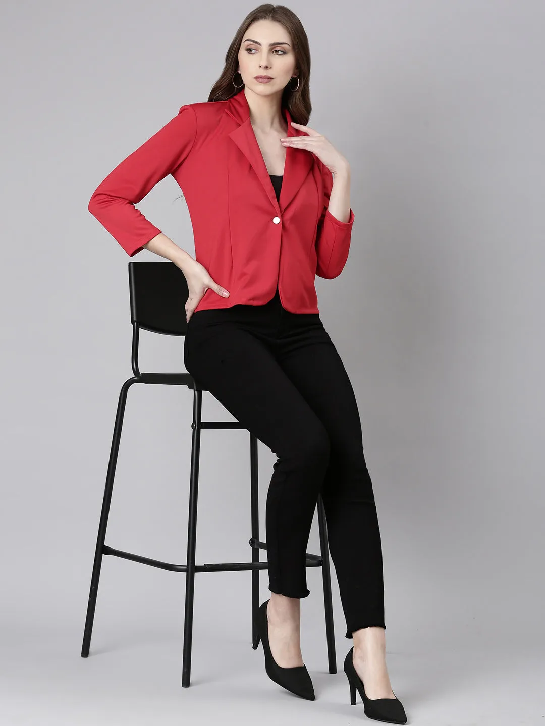 Women Red Solid Single Breasted Blazer