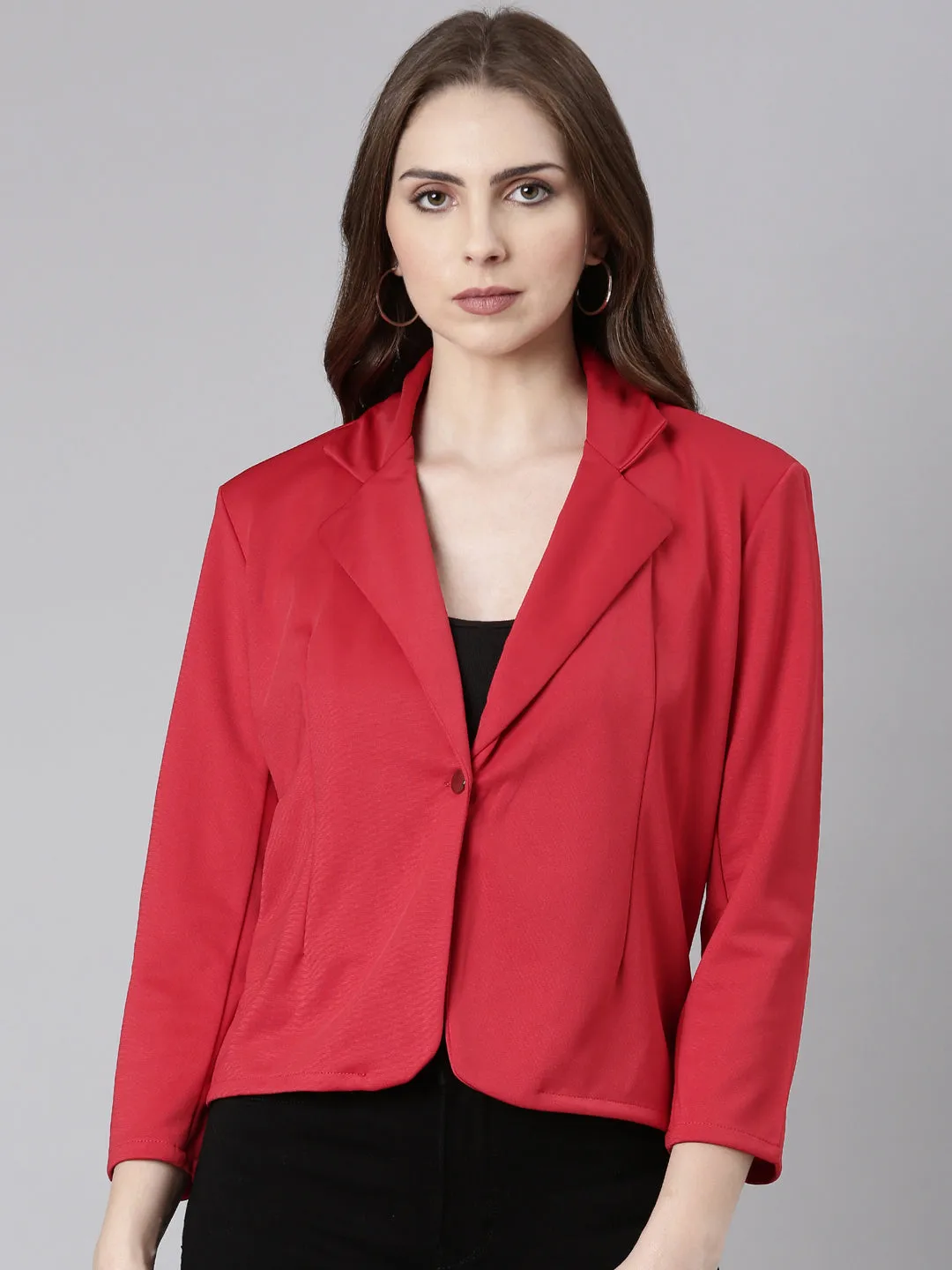 Women Red Solid Single Breasted Blazer