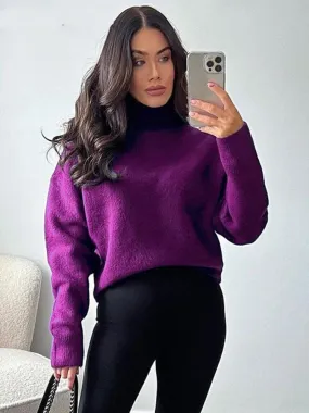 Women Soft Touch Faux Mohair Sweaters Loose Knit Purple Sweater High Neck Long Sleeve Female Pullovers Chic Tops