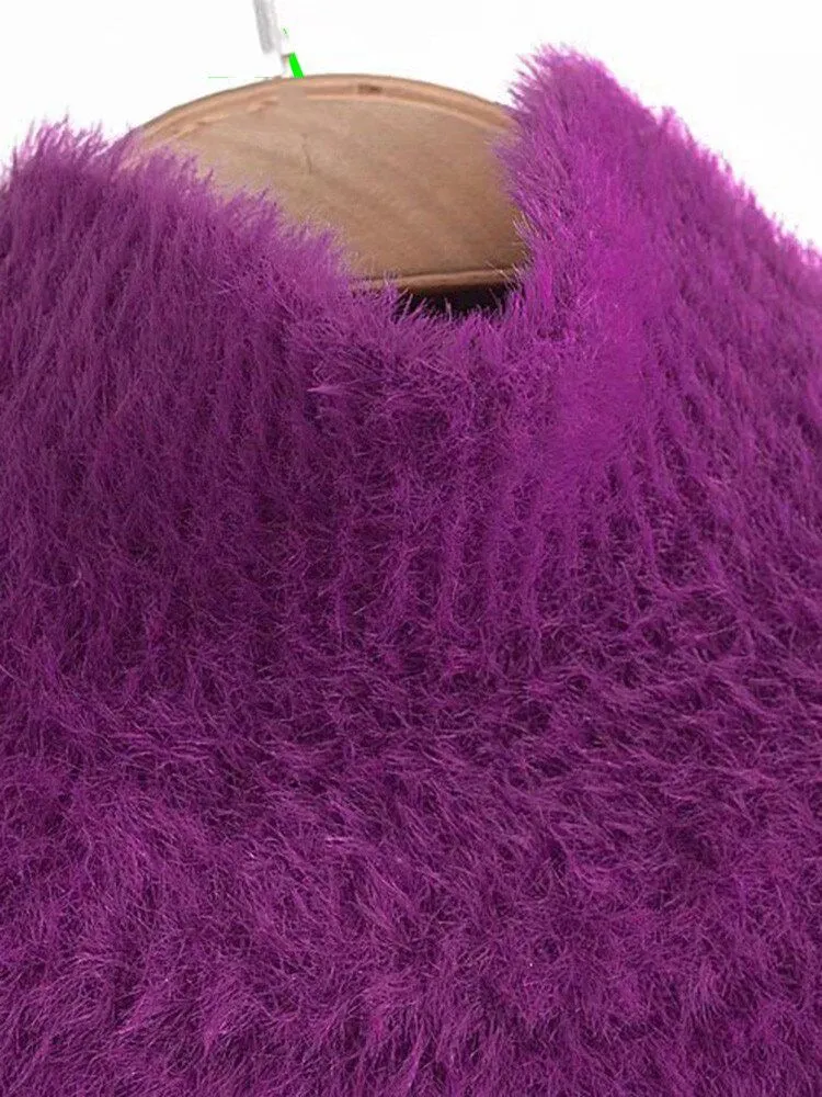 Women Soft Touch Faux Mohair Sweaters Loose Knit Purple Sweater High Neck Long Sleeve Female Pullovers Chic Tops