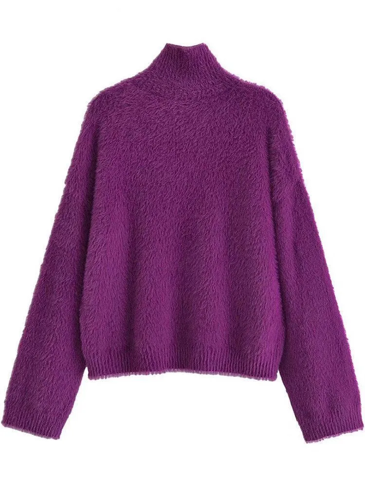 Women Soft Touch Faux Mohair Sweaters Loose Knit Purple Sweater High Neck Long Sleeve Female Pullovers Chic Tops