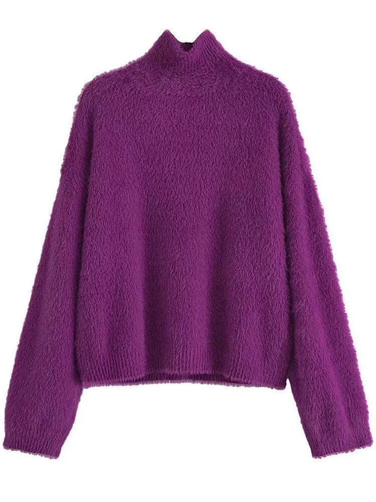 Women Soft Touch Faux Mohair Sweaters Loose Knit Purple Sweater High Neck Long Sleeve Female Pullovers Chic Tops