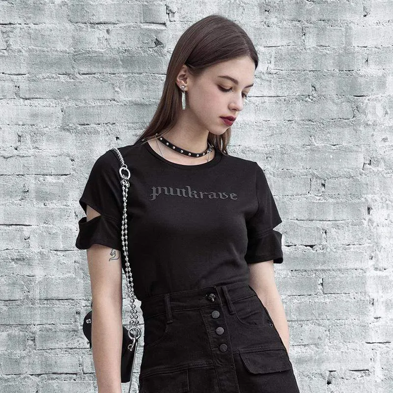 Women's Grunge Punk Rave Printed Cutout Sleeved Crop Top Tees