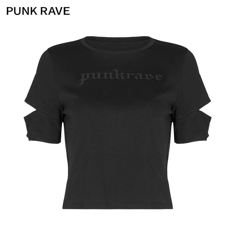 Women's Grunge Punk Rave Printed Cutout Sleeved Crop Top Tees