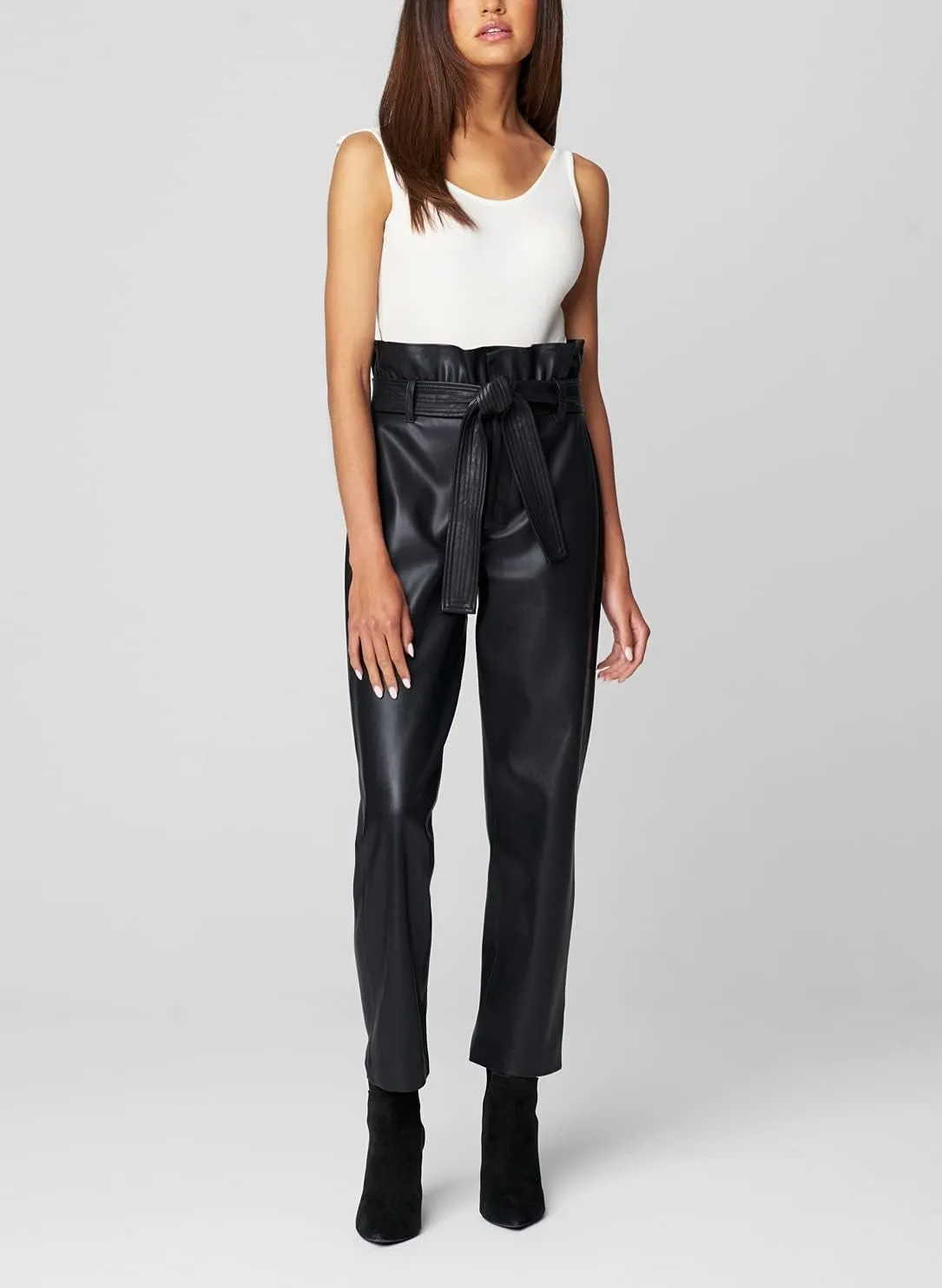 Womens Luxury Clothing Vegan Leather Straight Leg Paperbag Pant, Comfortable & Stylish