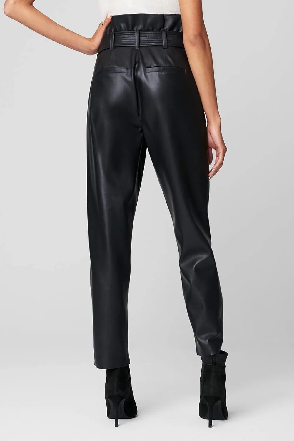 Womens Luxury Clothing Vegan Leather Straight Leg Paperbag Pant, Comfortable & Stylish